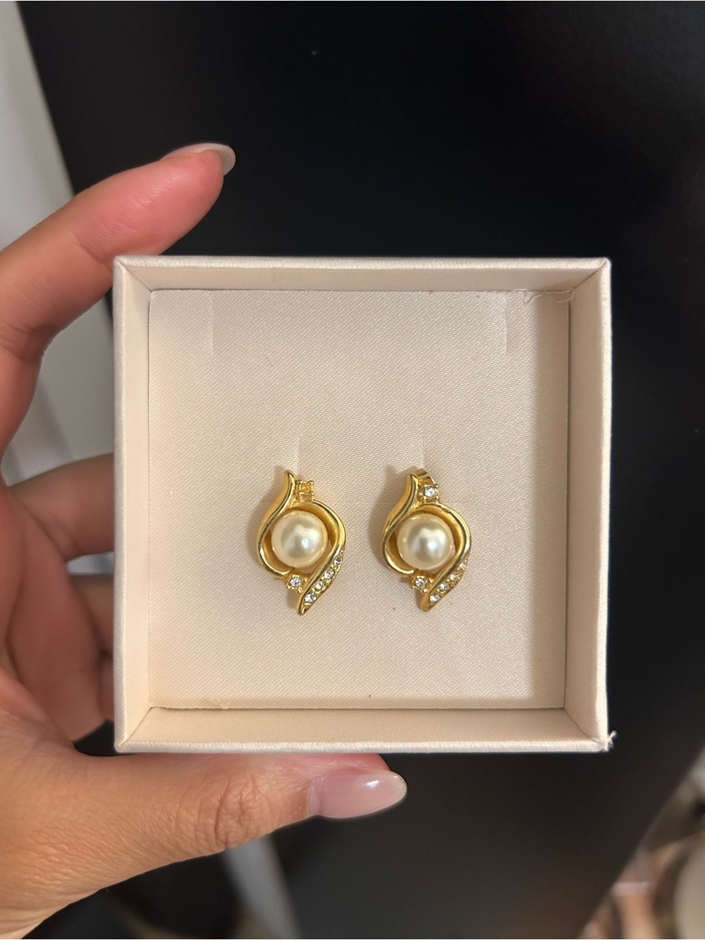 Gold Pearl and Crystal Stud Earrings - missing one stone